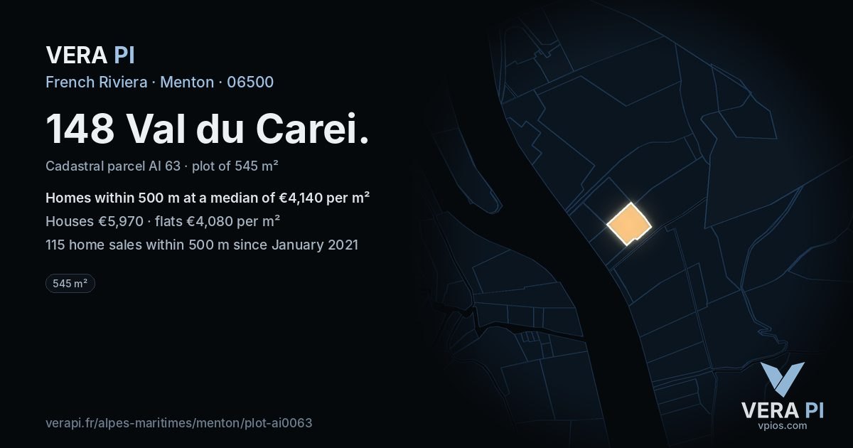 148 Val du Carei, Menton at night – the plot lit, the parcels around coloured by the prices near them