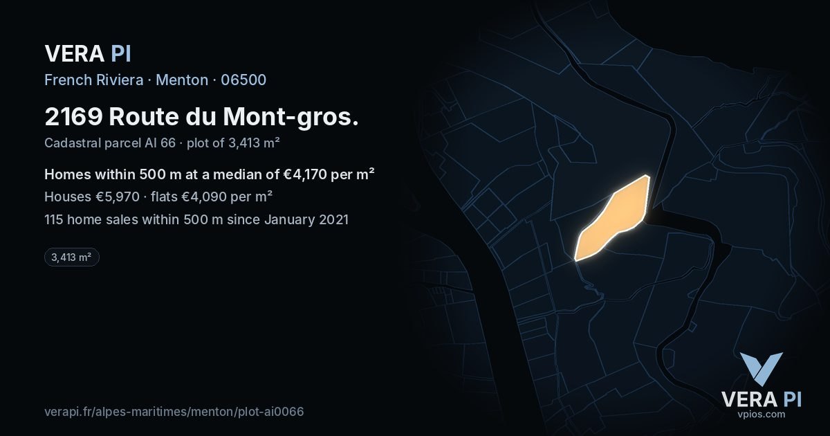 2169 Route du Mont-gros, Menton at night – the plot lit, the parcels around coloured by the prices near them