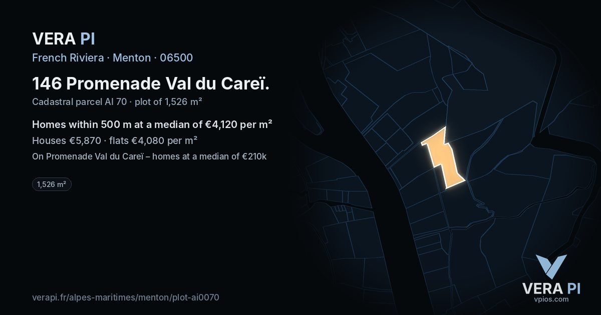146 Promenade Val du Careï, Menton at night – the plot lit, the parcels around coloured by the prices near them