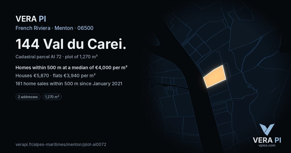 144 Val du Carei, Menton at night – the plot lit, the parcels around coloured by the prices near them