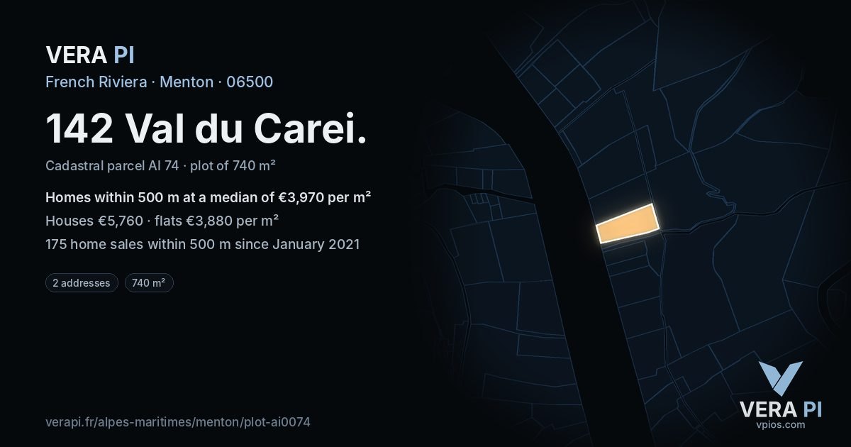 142 Val du Carei, Menton at night – the plot lit, the parcels around coloured by the prices near them