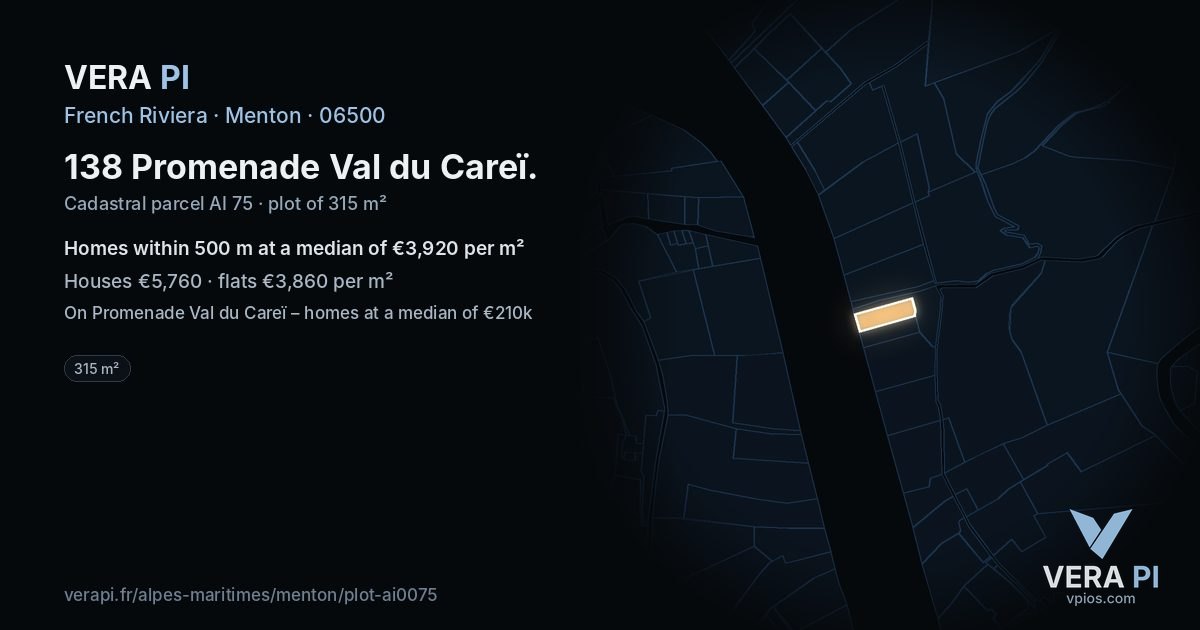 138 Promenade Val du Careï, Menton at night – the plot lit, the parcels around coloured by the prices near them