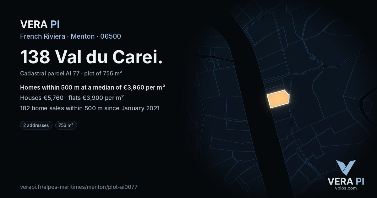 138 Val du Carei, Menton at night – the plot lit, the parcels around coloured by the prices near them