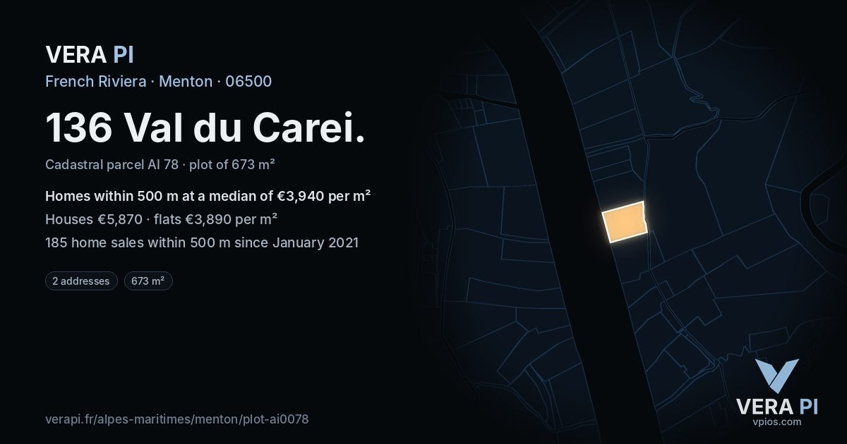 136 Val du Carei, Menton at night – the plot lit, the parcels around coloured by the prices near them