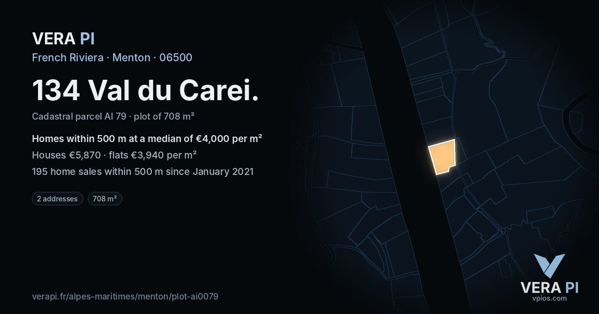 134 Val du Carei, Menton at night – the plot lit, the parcels around coloured by the prices near them