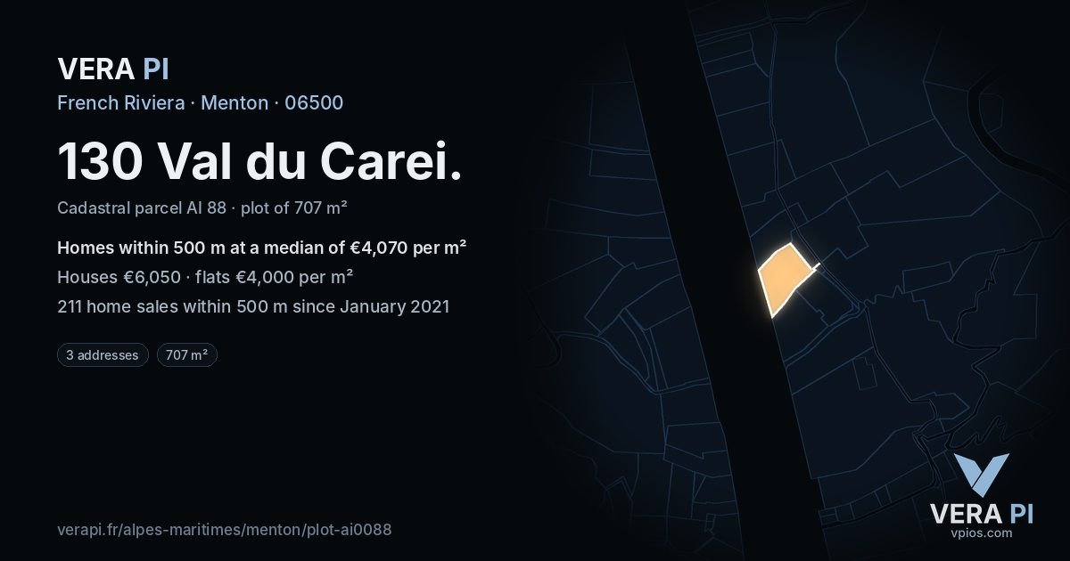 130 Val du Carei, Menton at night – the plot lit, the parcels around coloured by the prices near them