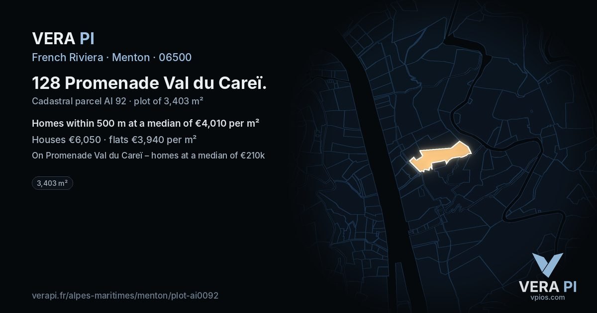 128 Promenade Val du Careï, Menton at night – the plot lit, the parcels around coloured by the prices near them