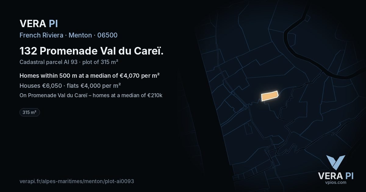 132 Promenade Val du Careï, Menton at night – the plot lit, the parcels around coloured by the prices near them