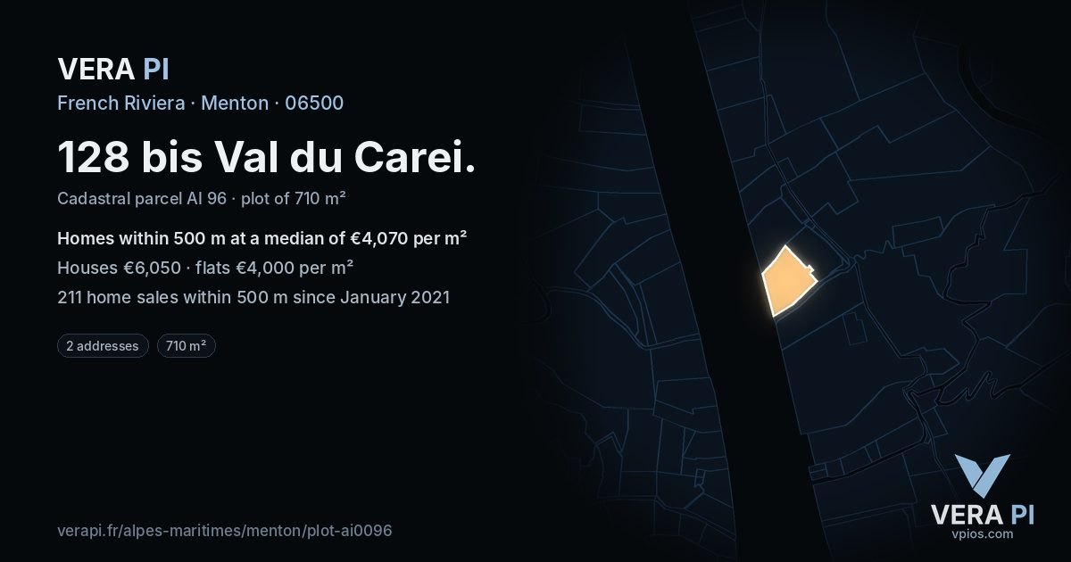 128 bis Val du Carei, Menton at night – the plot lit, the parcels around coloured by the prices near them