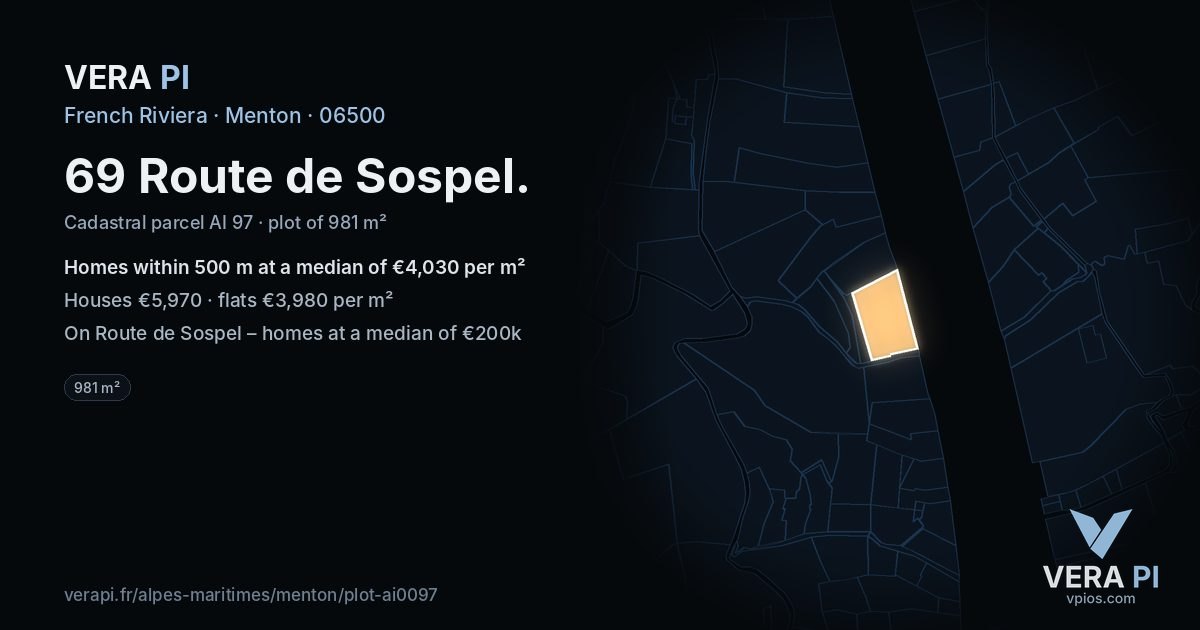 69 Route de Sospel, Menton at night – the plot lit, the parcels around coloured by the prices near them