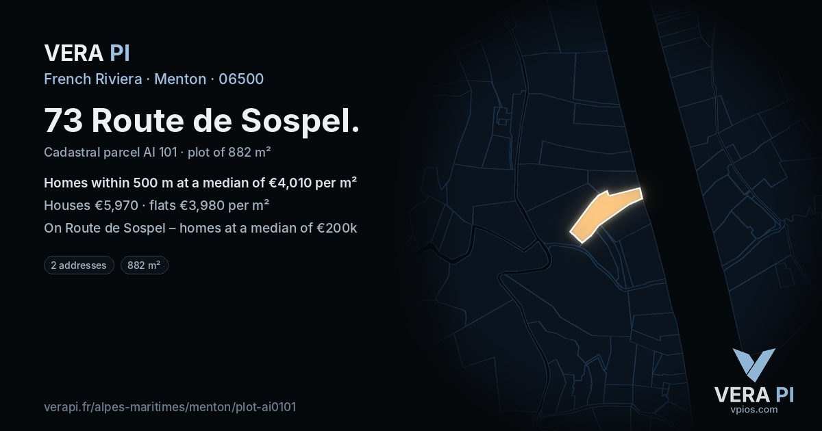 73 Route de Sospel, Menton at night – the plot lit, the parcels around coloured by the prices near them
