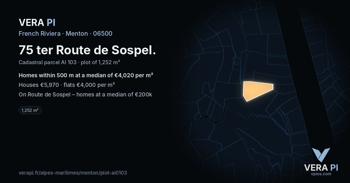 75 ter Route de Sospel, Menton at night – the plot lit, the parcels around coloured by the prices near them