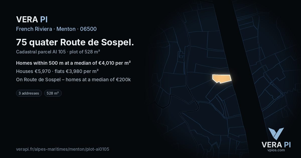 75 quater Route de Sospel, Menton at night – the plot lit, the parcels around coloured by the prices near them