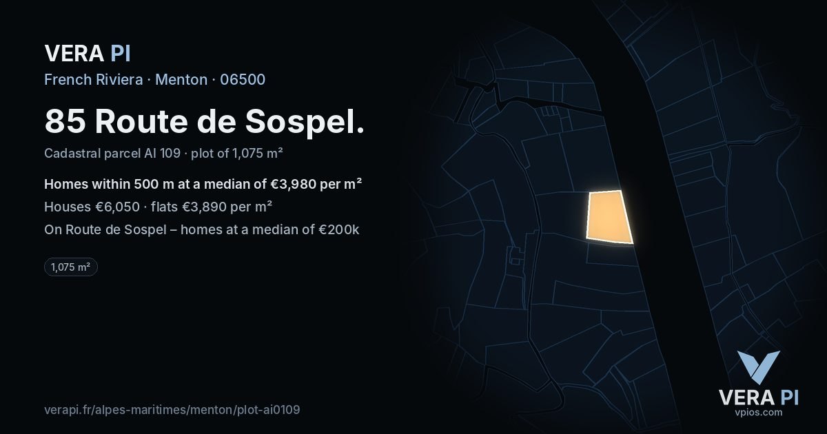 85 Route de Sospel, Menton at night – the plot lit, the parcels around coloured by the prices near them