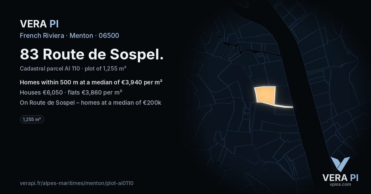 83 Route de Sospel, Menton at night – the plot lit, the parcels around coloured by the prices near them
