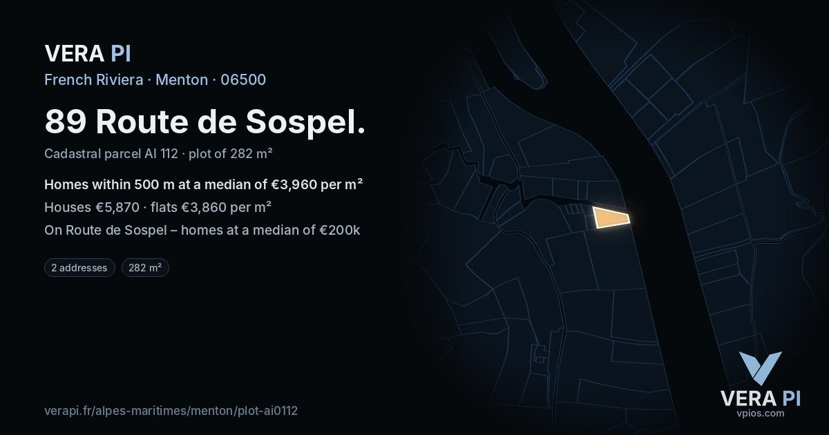 89 Route de Sospel, Menton at night – the plot lit, the parcels around coloured by the prices near them