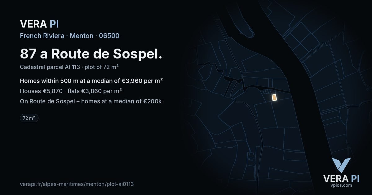 87 a Route de Sospel, Menton at night – the plot lit, the parcels around coloured by the prices near them