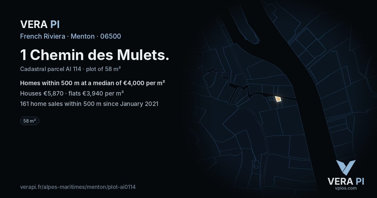 1 Chemin des Mulets, Menton at night – the plot lit, the parcels around coloured by the prices near them