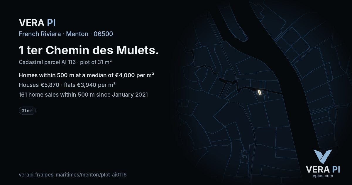 1 ter Chemin des Mulets, Menton at night – the plot lit, the parcels around coloured by the prices near them