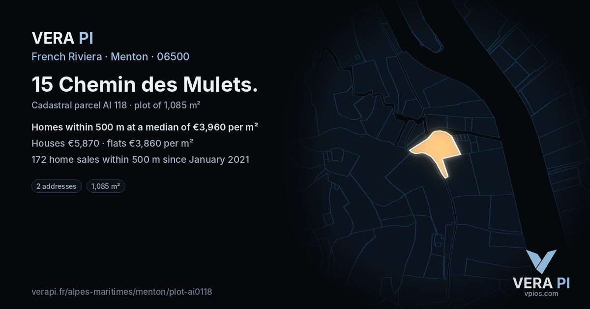 15 Chemin des Mulets, Menton at night – the plot lit, the parcels around coloured by the prices near them