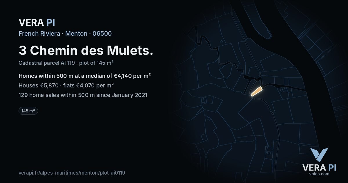 3 Chemin des Mulets, Menton at night – the plot lit, the parcels around coloured by the prices near them
