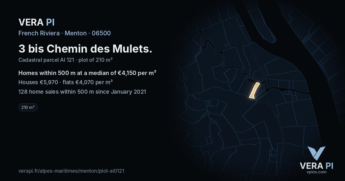 3 bis Chemin des Mulets, Menton at night – the plot lit, the parcels around coloured by the prices near them