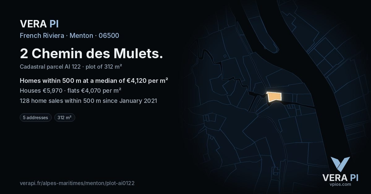 2 Chemin des Mulets, Menton at night – the plot lit, the parcels around coloured by the prices near them