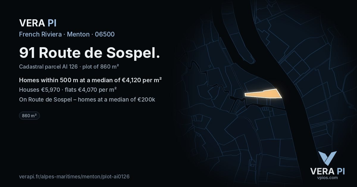 91 Route de Sospel, Menton at night – the plot lit, the parcels around coloured by the prices near them