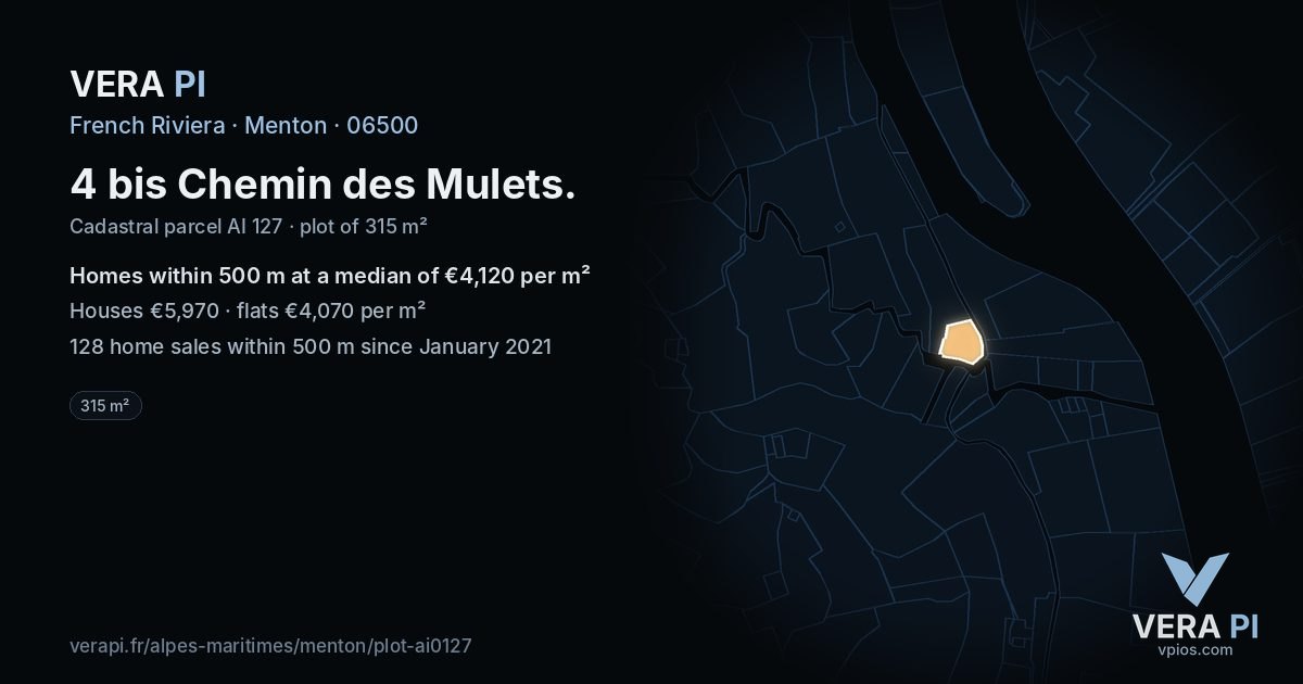 4 bis Chemin des Mulets, Menton at night – the plot lit, the parcels around coloured by the prices near them