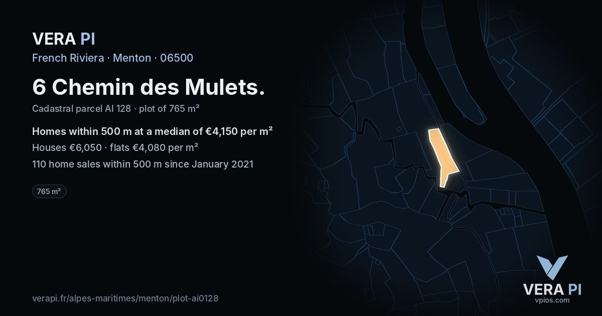 6 Chemin des Mulets, Menton at night – the plot lit, the parcels around coloured by the prices near them