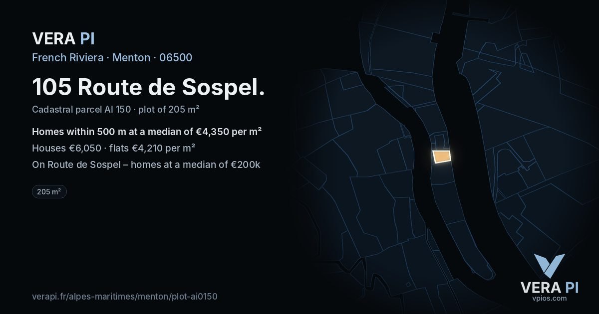 105 Route de Sospel, Menton at night – the plot lit, the parcels around coloured by the prices near them