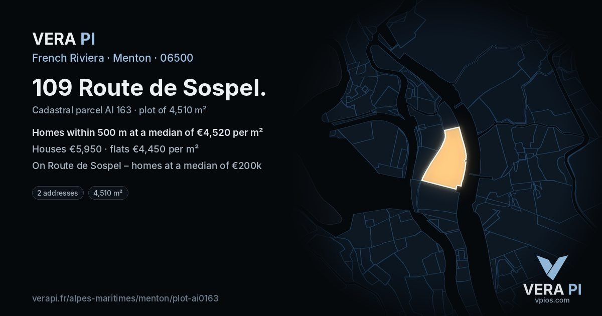 109 Route de Sospel, Menton at night – the plot lit, the parcels around coloured by the prices near them