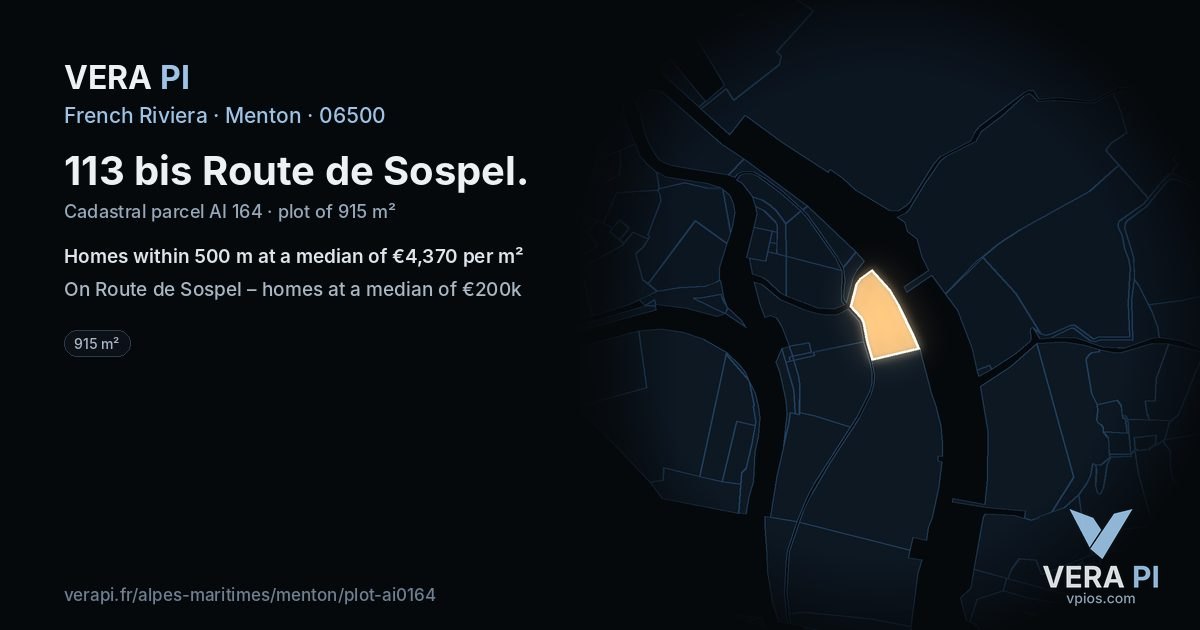 113 bis Route de Sospel, Menton at night – the plot lit, the parcels around coloured by the prices near them
