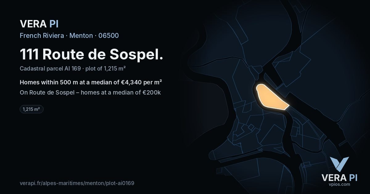 111 Route de Sospel, Menton at night – the plot lit, the parcels around coloured by the prices near them