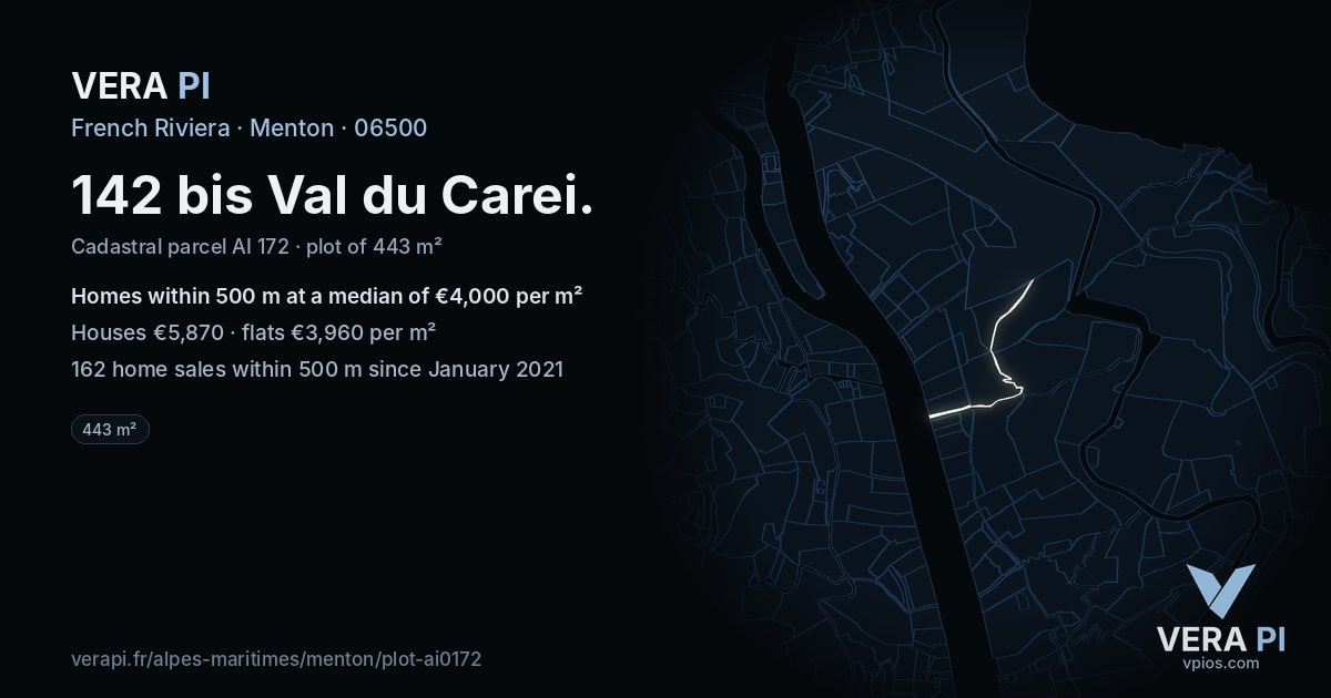 142 bis Val du Carei, Menton at night – the plot lit, the parcels around coloured by the prices near them