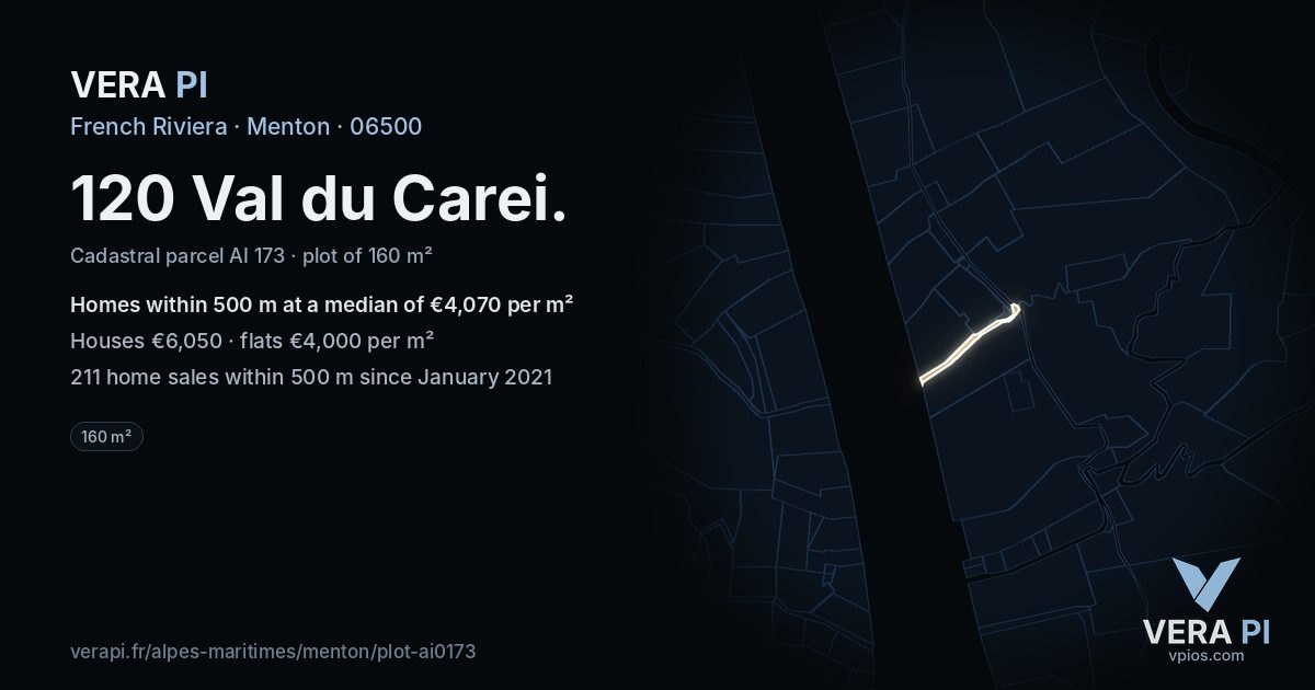 120 Val du Carei, Menton at night – the plot lit, the parcels around coloured by the prices near them