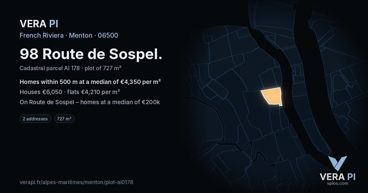 98 Route de Sospel, Menton at night – the plot lit, the parcels around coloured by the prices near them