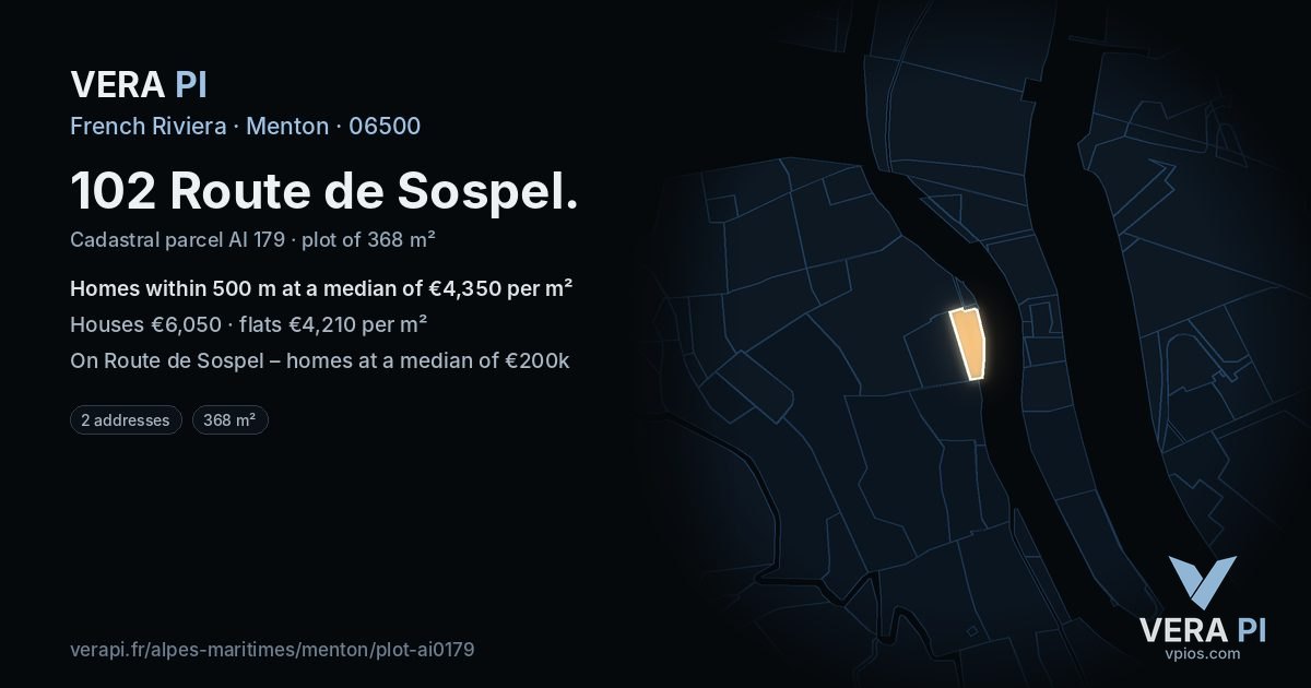102 Route de Sospel, Menton at night – the plot lit, the parcels around coloured by the prices near them
