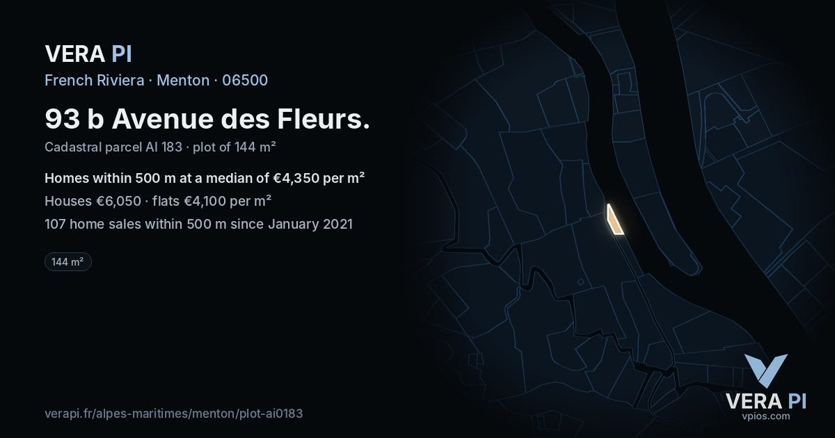 93 b Avenue des Fleurs, Menton at night – the plot lit, the parcels around coloured by the prices near them