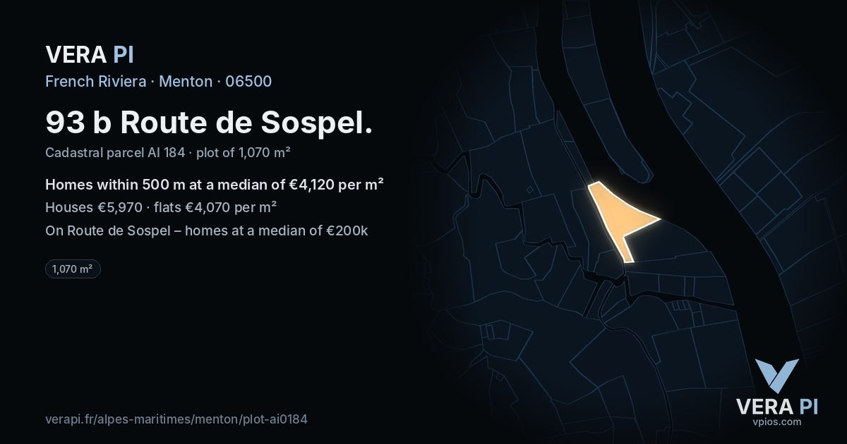 93 b Route de Sospel, Menton at night – the plot lit, the parcels around coloured by the prices near them