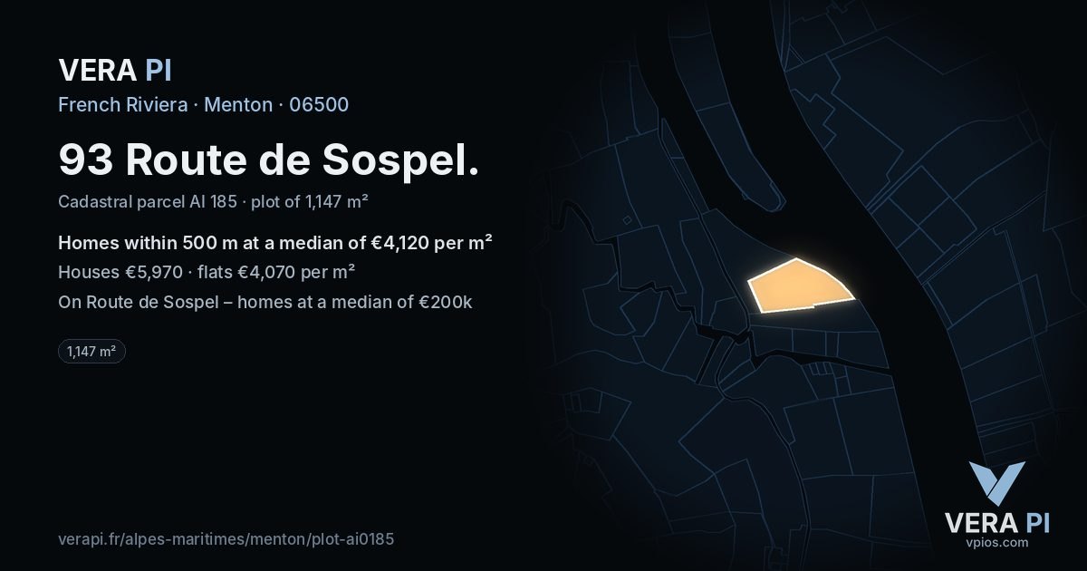93 Route de Sospel, Menton at night – the plot lit, the parcels around coloured by the prices near them
