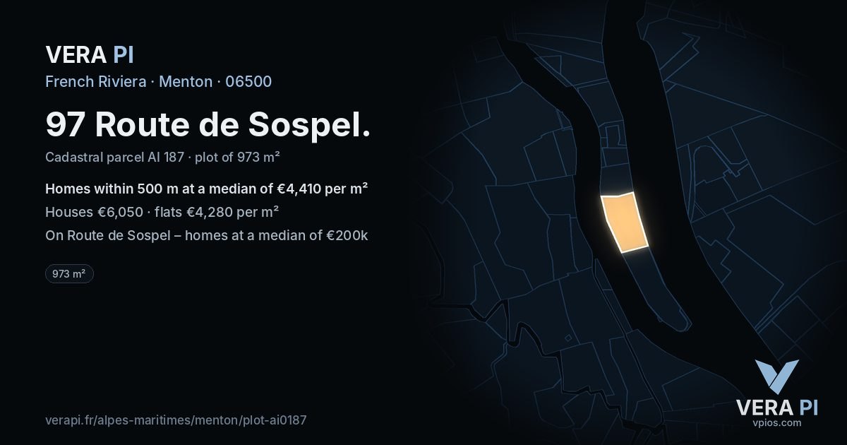 97 Route de Sospel, Menton at night – the plot lit, the parcels around coloured by the prices near them