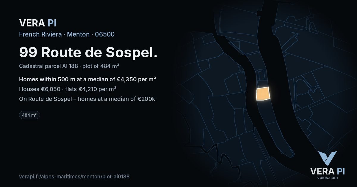 99 Route de Sospel, Menton at night – the plot lit, the parcels around coloured by the prices near them