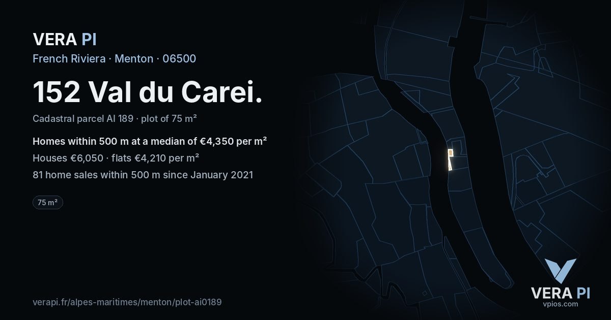 152 Val du Carei, Menton at night – the plot lit, the parcels around coloured by the prices near them