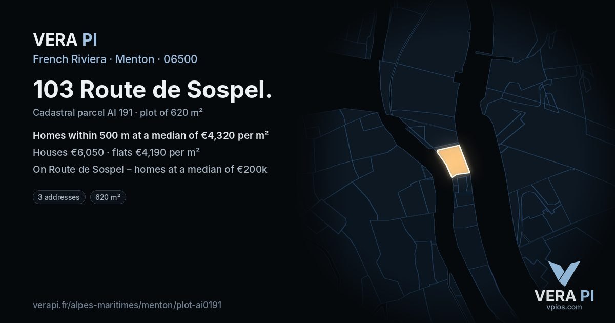 103 Route de Sospel, Menton at night – the plot lit, the parcels around coloured by the prices near them