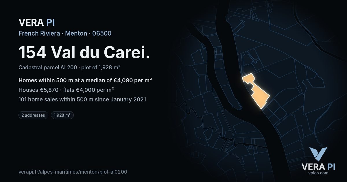 154 Val du Carei, Menton at night – the plot lit, the parcels around coloured by the prices near them