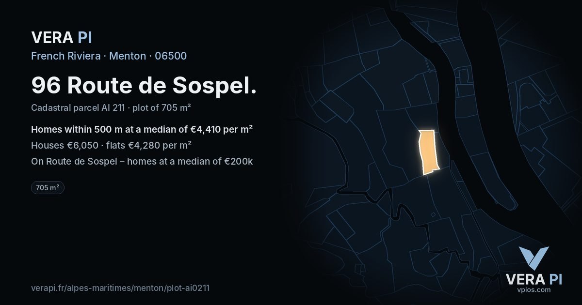 96 Route de Sospel, Menton at night – the plot lit, the parcels around coloured by the prices near them