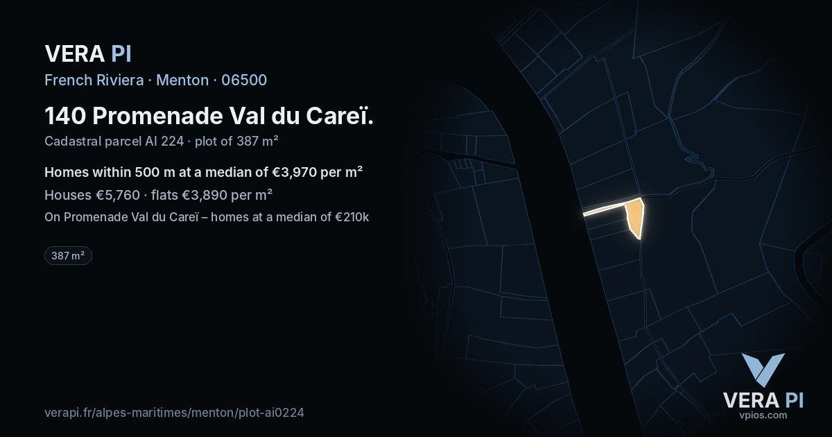 140 Promenade Val du Careï, Menton at night – the plot lit, the parcels around coloured by the prices near them