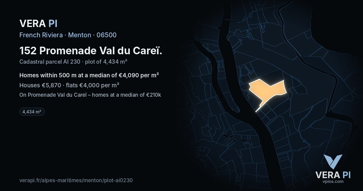 152 Promenade Val du Careï, Menton at night – the plot lit, the parcels around coloured by the prices near them
