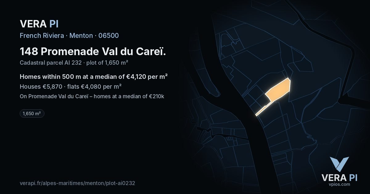 148 Promenade Val du Careï, Menton at night – the plot lit, the parcels around coloured by the prices near them